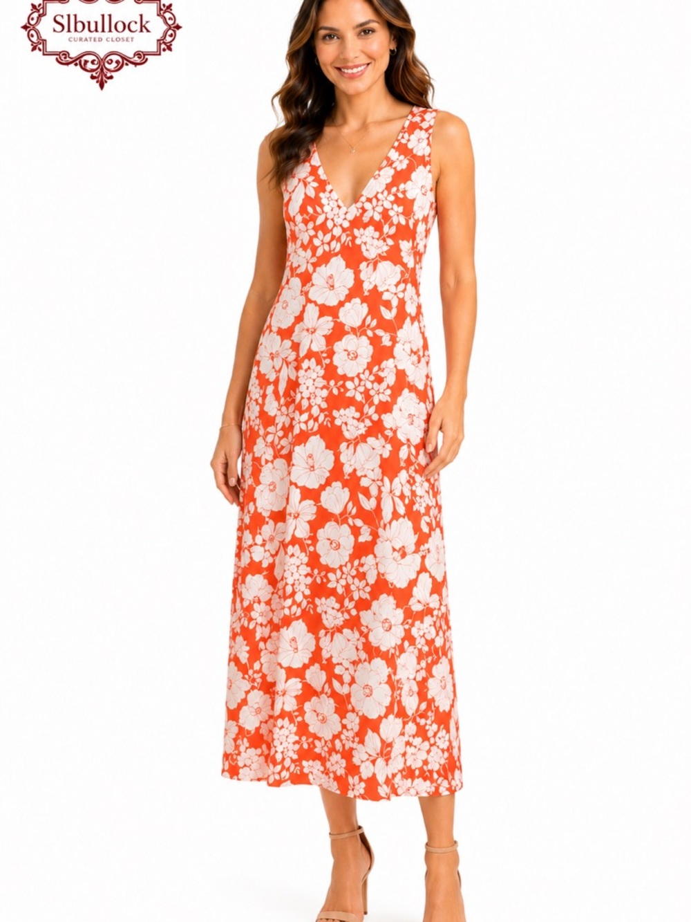 TOMMY BAHAMA Coral Floral Midi Dress Lined Stretch V-Neck Resort Vacation Small